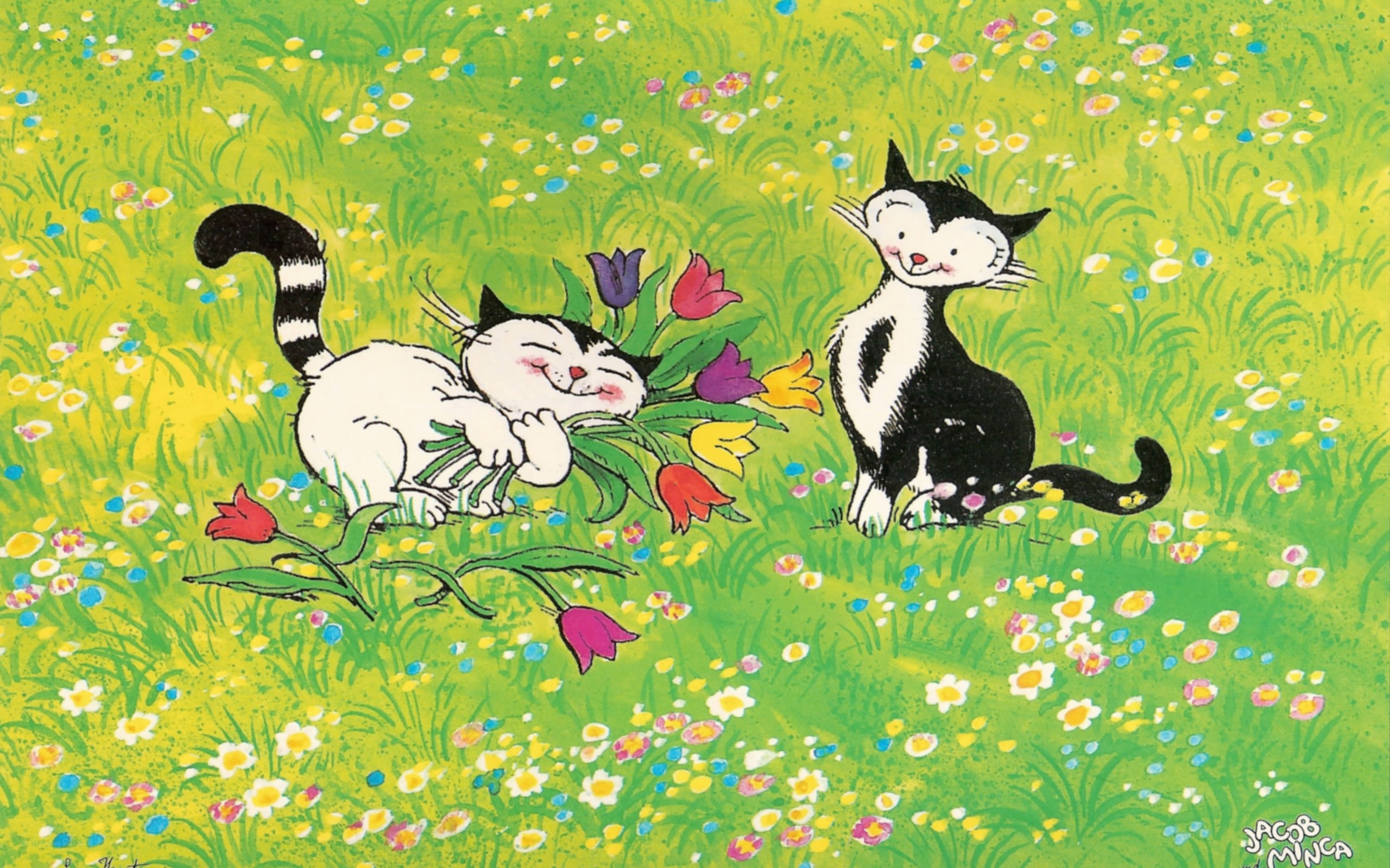 Cats in a flower field