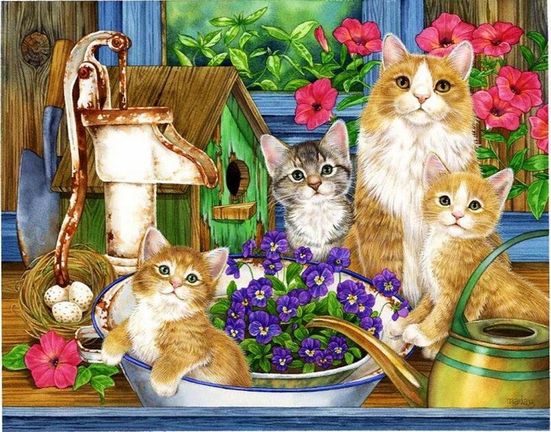 Cats in a Garden Scene — Green