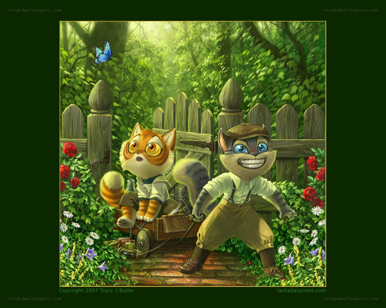 Cats in a garden scene