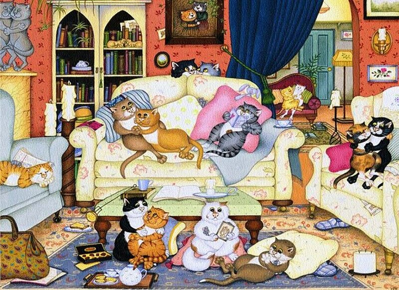 Cats in a Living Room — Yellow, Cozy