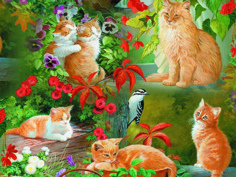 Cats in Garden — Green, Serene, Spring, Illustration
