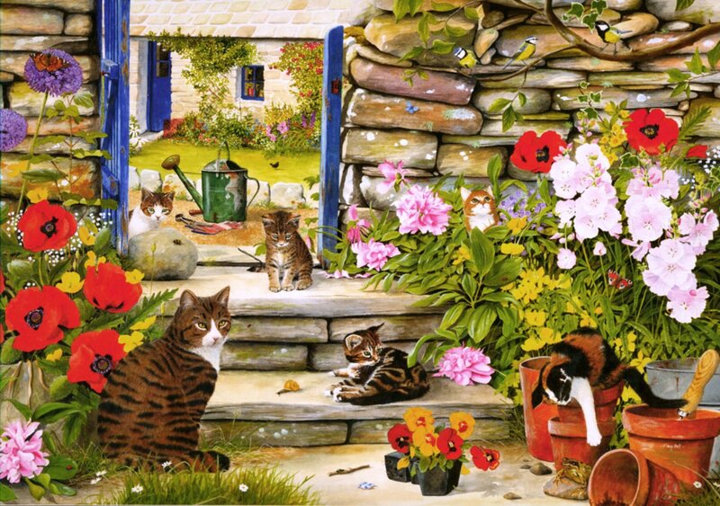 Cats in Garden — Green