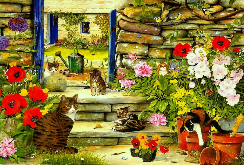 Cats in Garden — Red