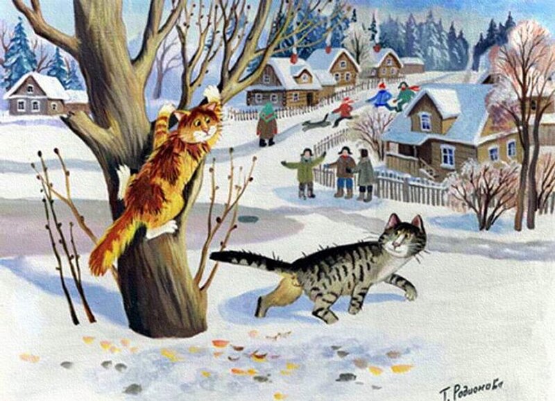 Cats in Winter Scene — White
