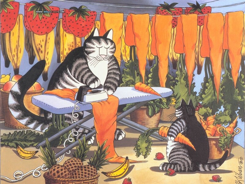 Cats ironing vegetables