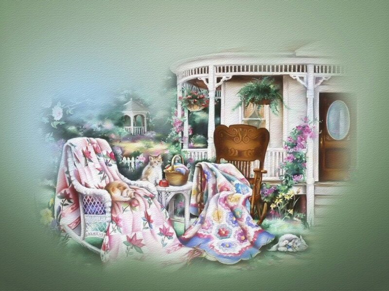 Cats on a Porch with Quilts