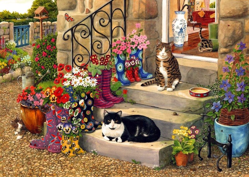 Cats on Garden Steps