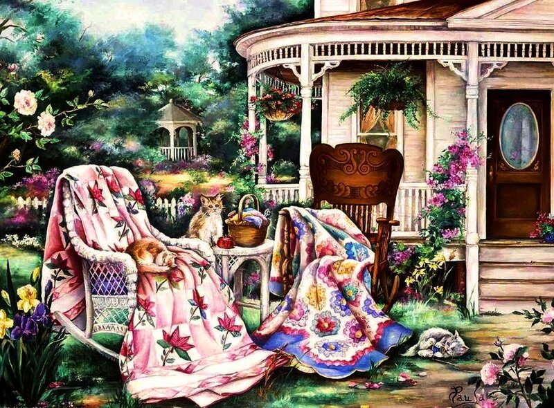 Cats on Porch — Pink, Serene