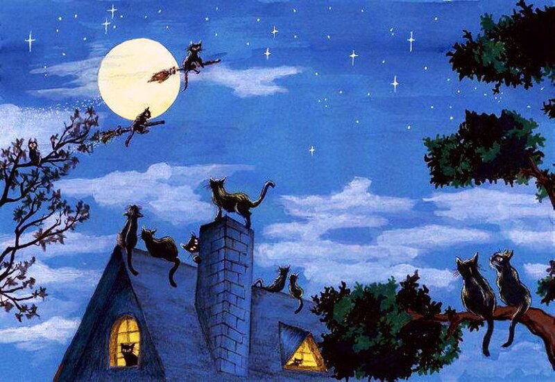 Cats on Rooftops — Blue, Whimsical