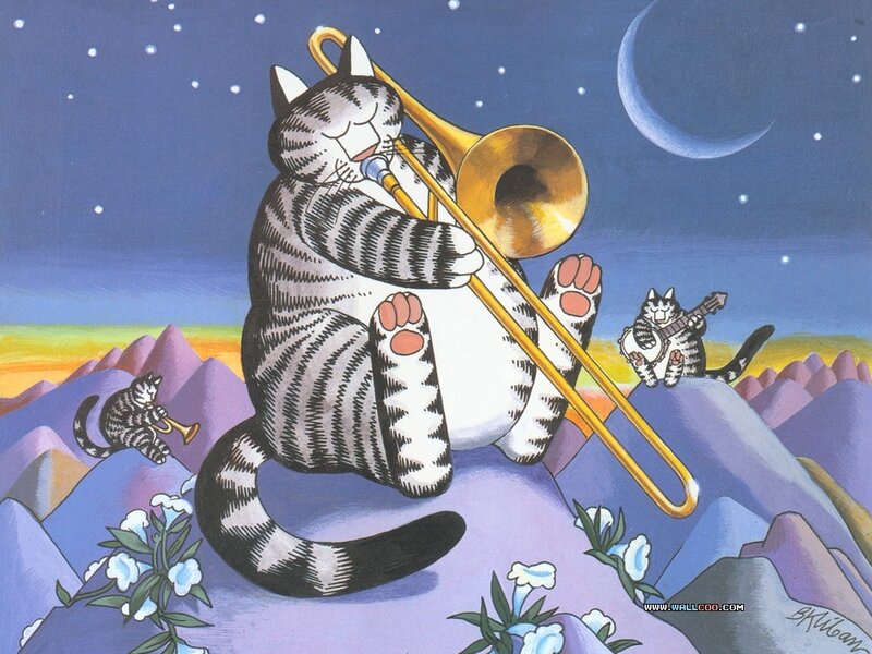 cats playing music on mountains