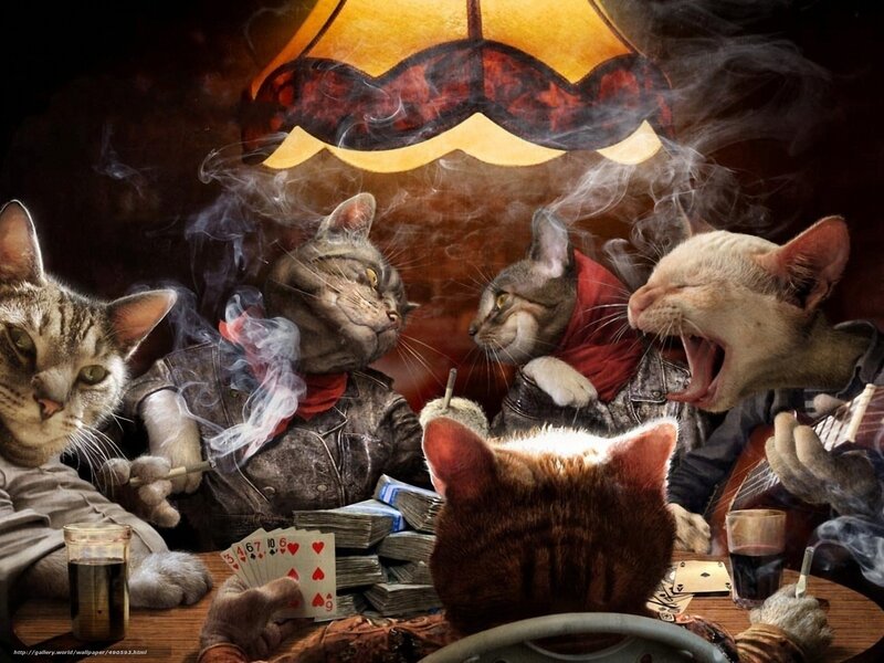 Cats Playing Poker — Brown, Dramatic, Night, Digital Art, Smoke