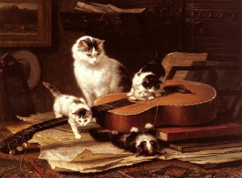 Cats Playing with Guitar — Brown