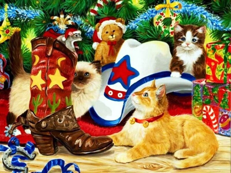 Cats under Christmas Tree — Green