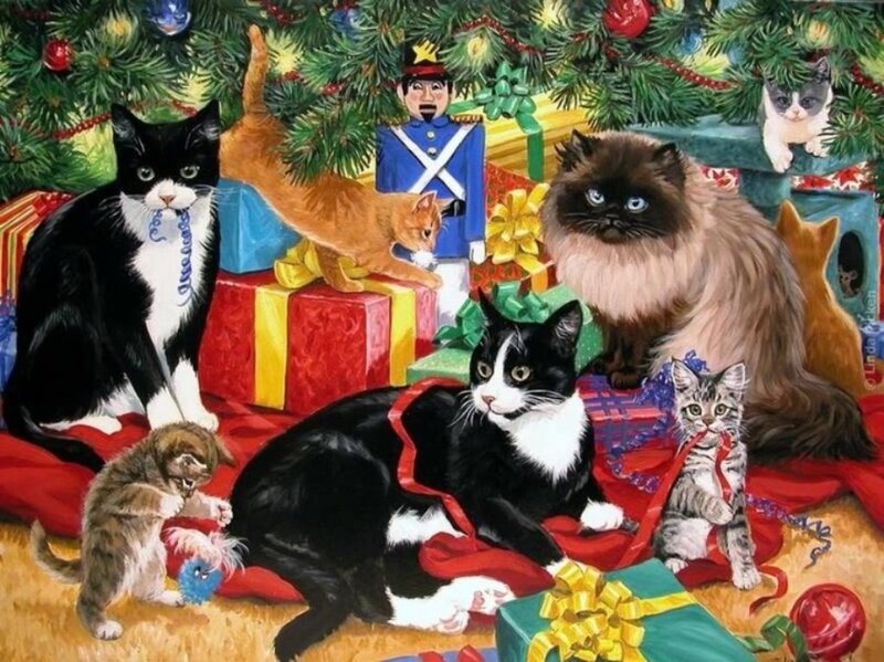 Cats under Christmas Tree — Red