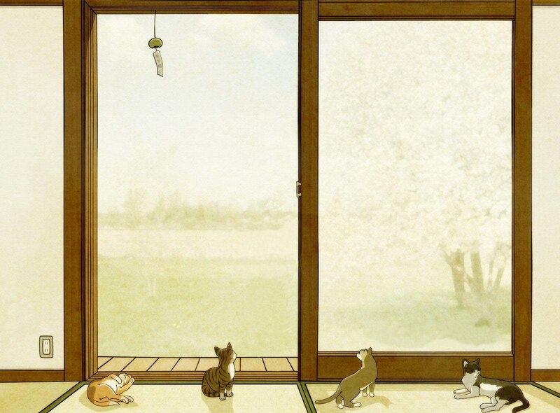 Cats watching a wind chime