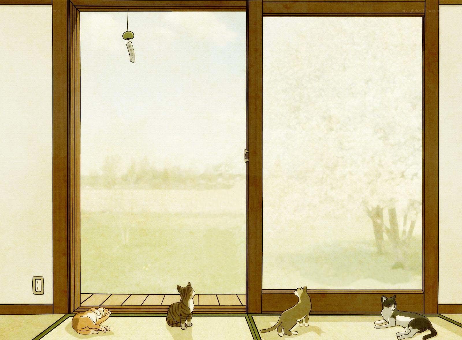 Cats watching a wind chime