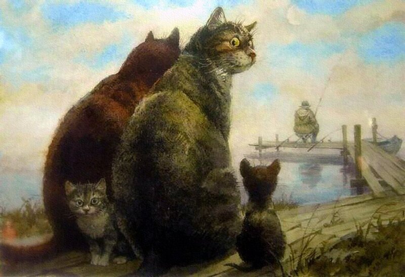 Cats Watching Fisherman — Brown