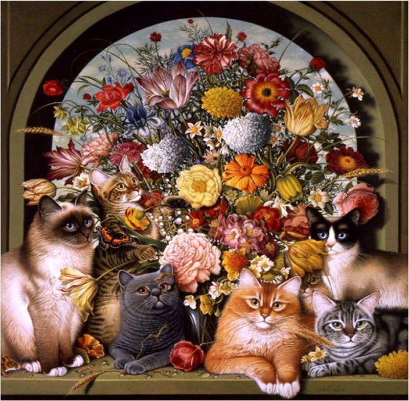 Cats with Flowers — Brown