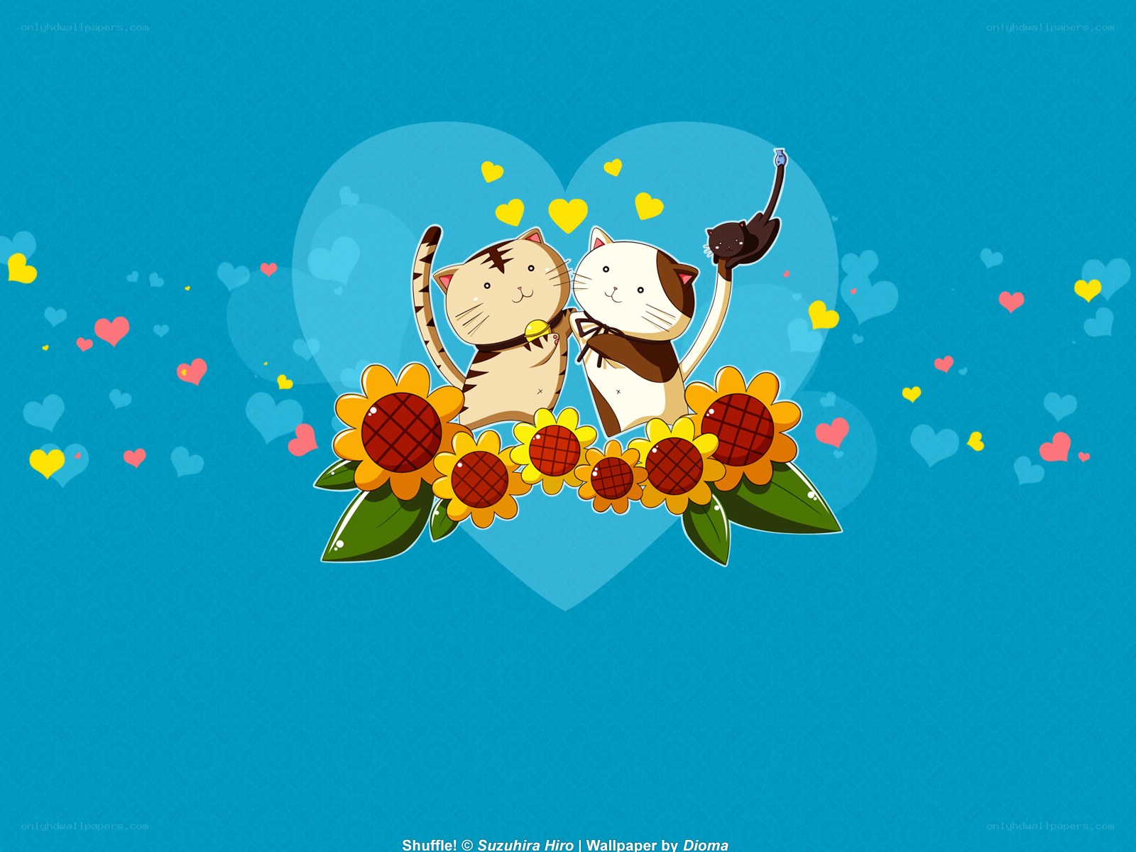 Cats with sunflowers and hearts