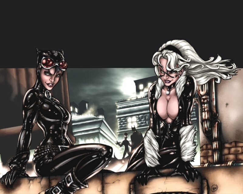 Catwoman and Black Cat on a rooftop