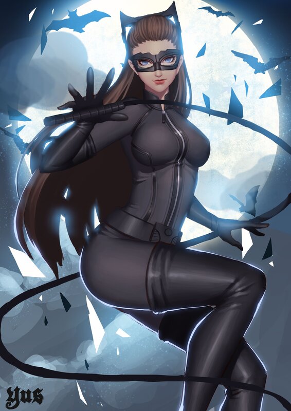 Catwoman Character — Black, Dramatic, Night, Digital Art, Bats