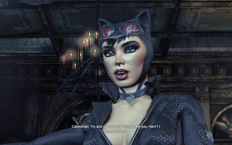 Catwoman in a dimly lit room