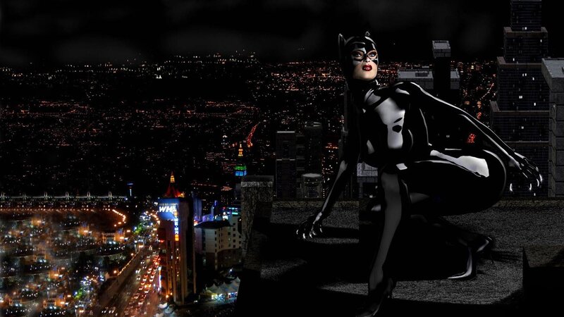 Catwoman on a city rooftop