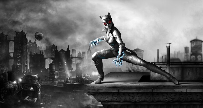 Catwoman on a city rooftop