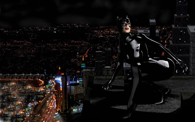 Catwoman on a city rooftop
