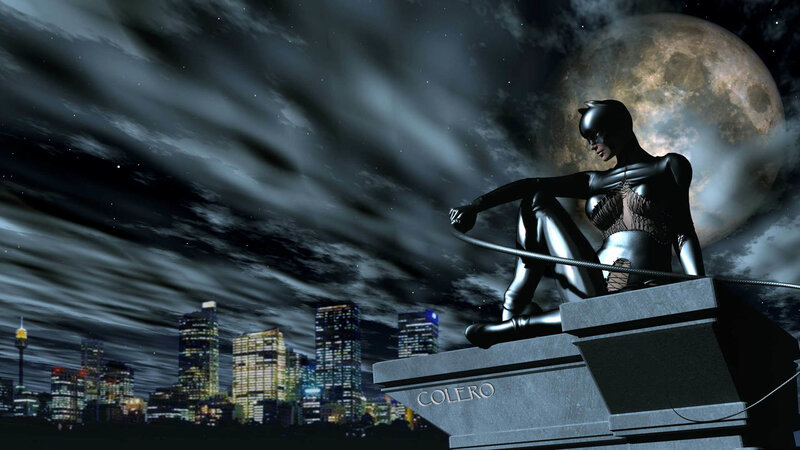 Catwoman on a city rooftop