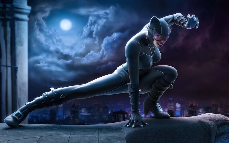 Catwoman on a rooftop at night