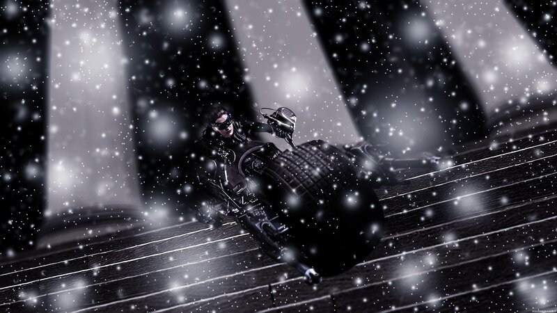 Catwoman on motorcycle in snow
