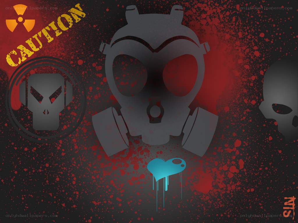 caution: gas mask and skulls