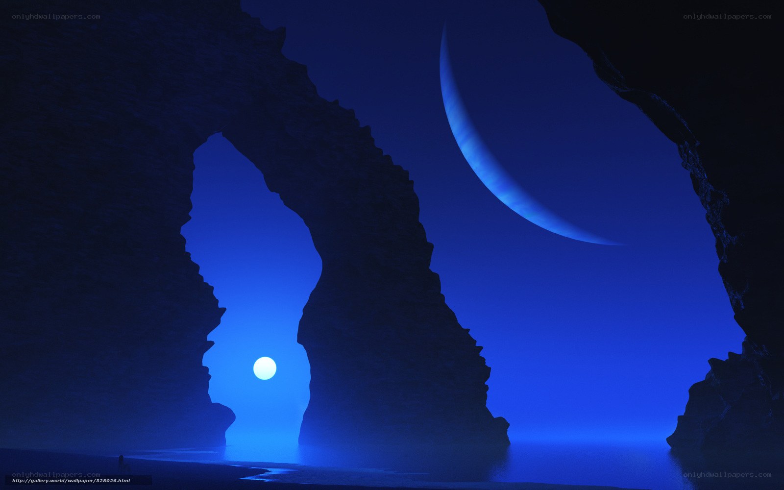 Cave arches under crescent moon