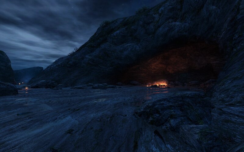 cave at night with fire