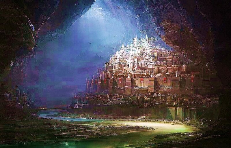 cave city with glowing river