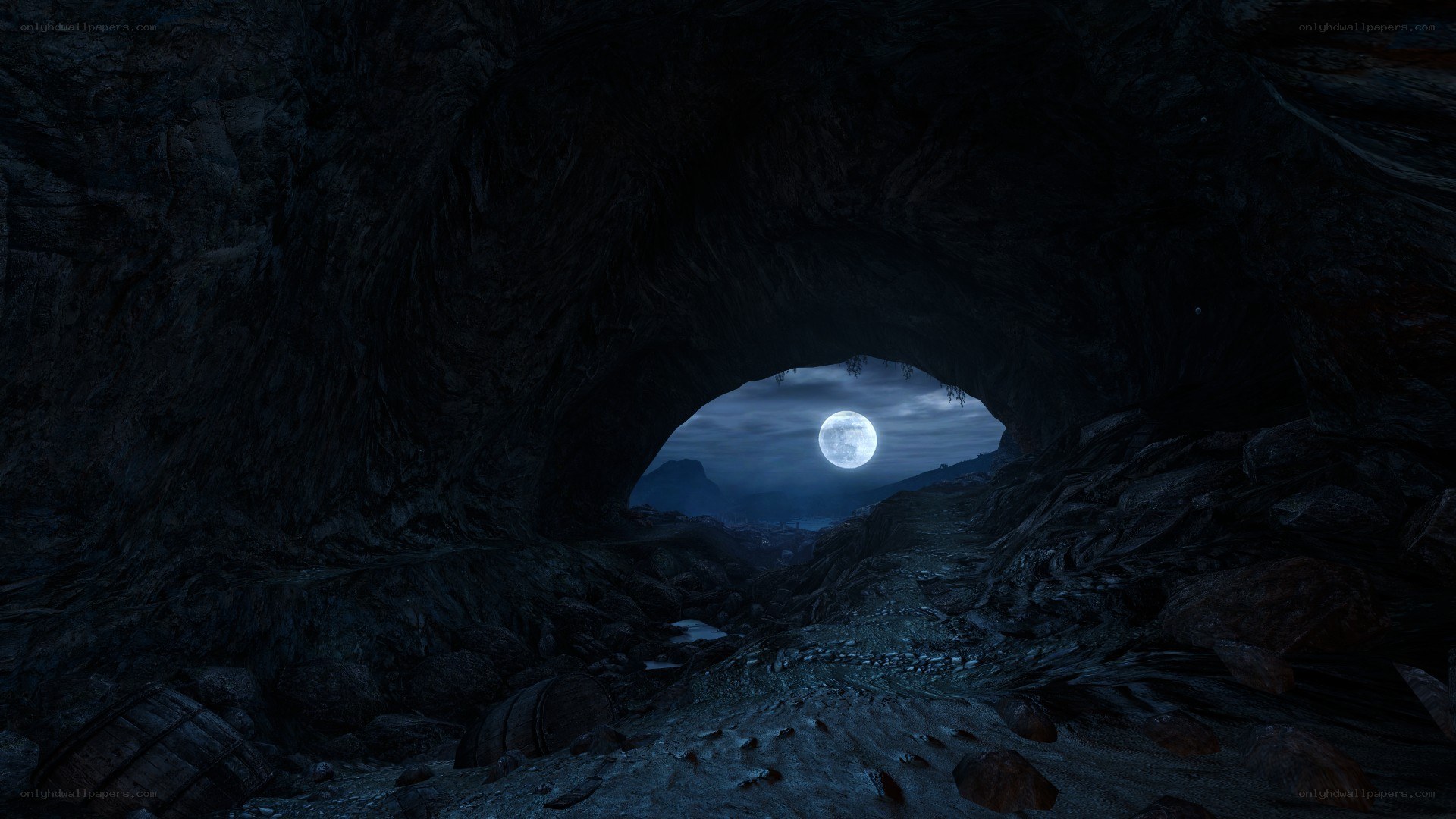 cave entrance at night
