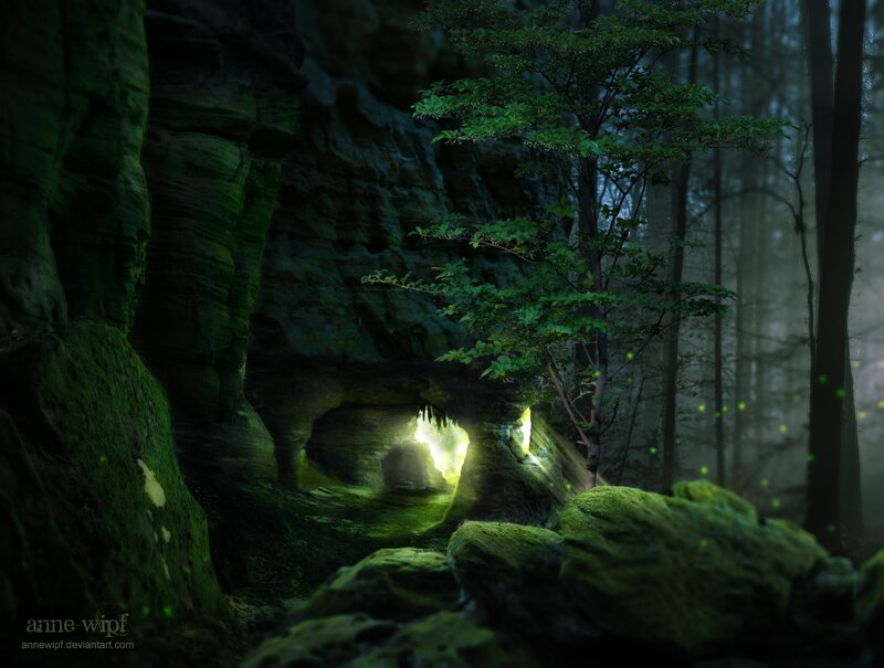 Cave Entrance in Forest — Green, Mysterious
