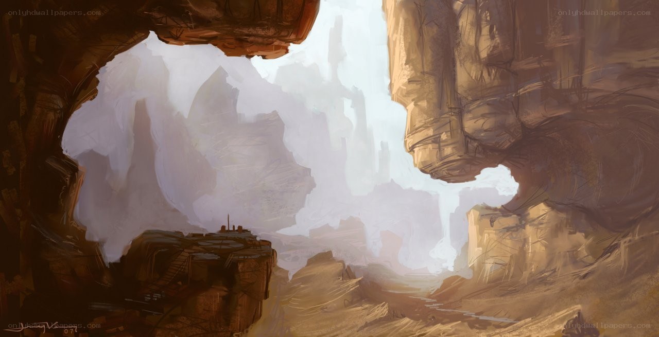 cave entrance with distant city