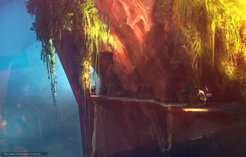 Cave entrance with travelers