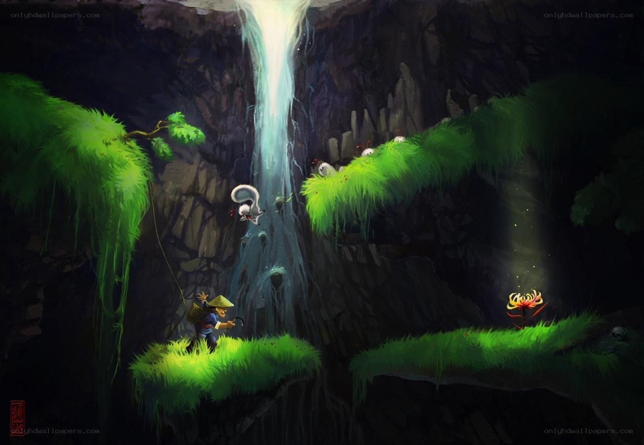Cave explorer with waterfall