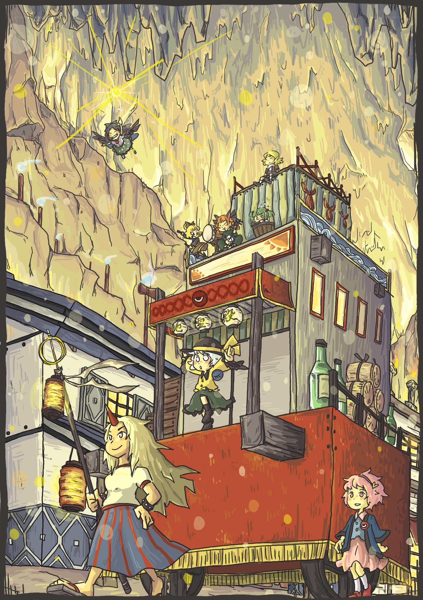 Cave festival with floating characters