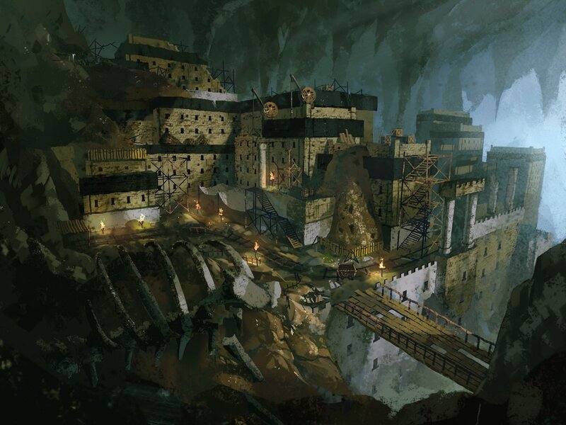 Cave fortress with mining operations