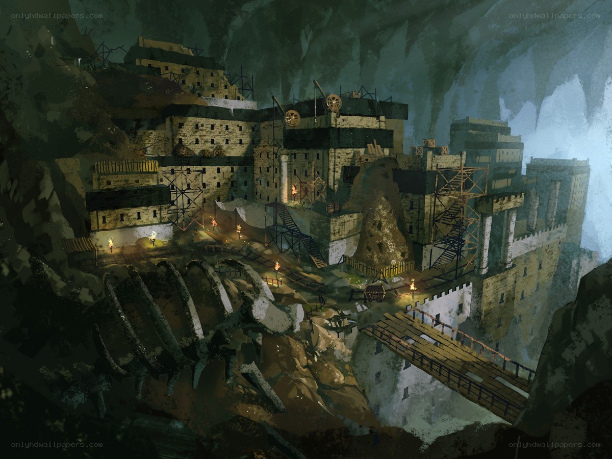 Cave fortress with mining operations