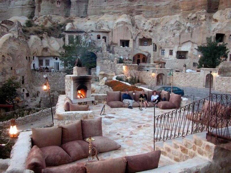 Cave house courtyard with fireplace