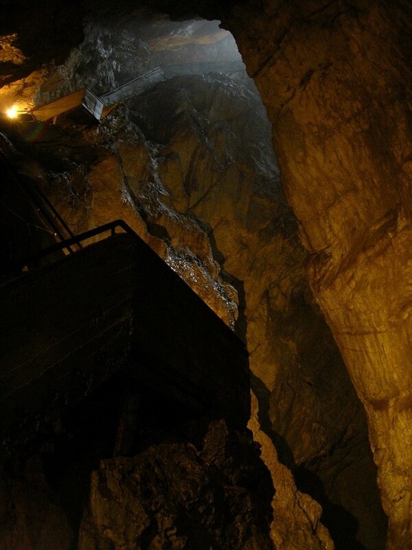 Cave interior with wooden walkway