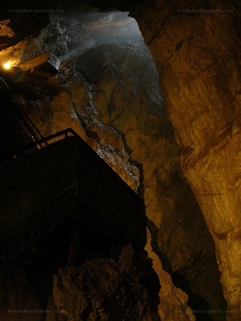 Cave interior with wooden walkway