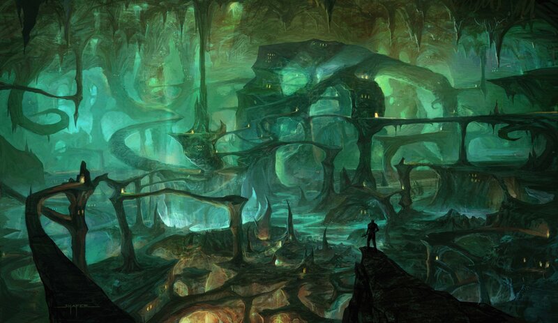 cave of glowing green crystals
