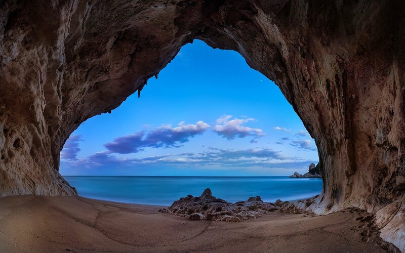 Cave Opening to Beach — Blue, Serene, Sunset