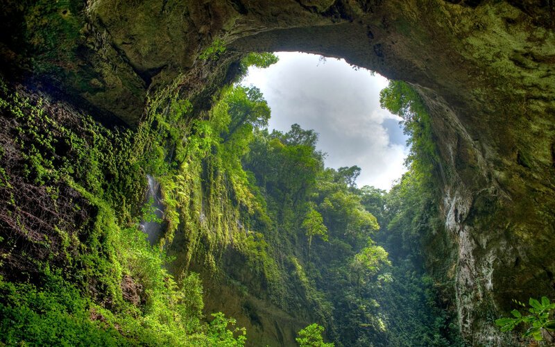 Cave Opening with Waterfall — Green